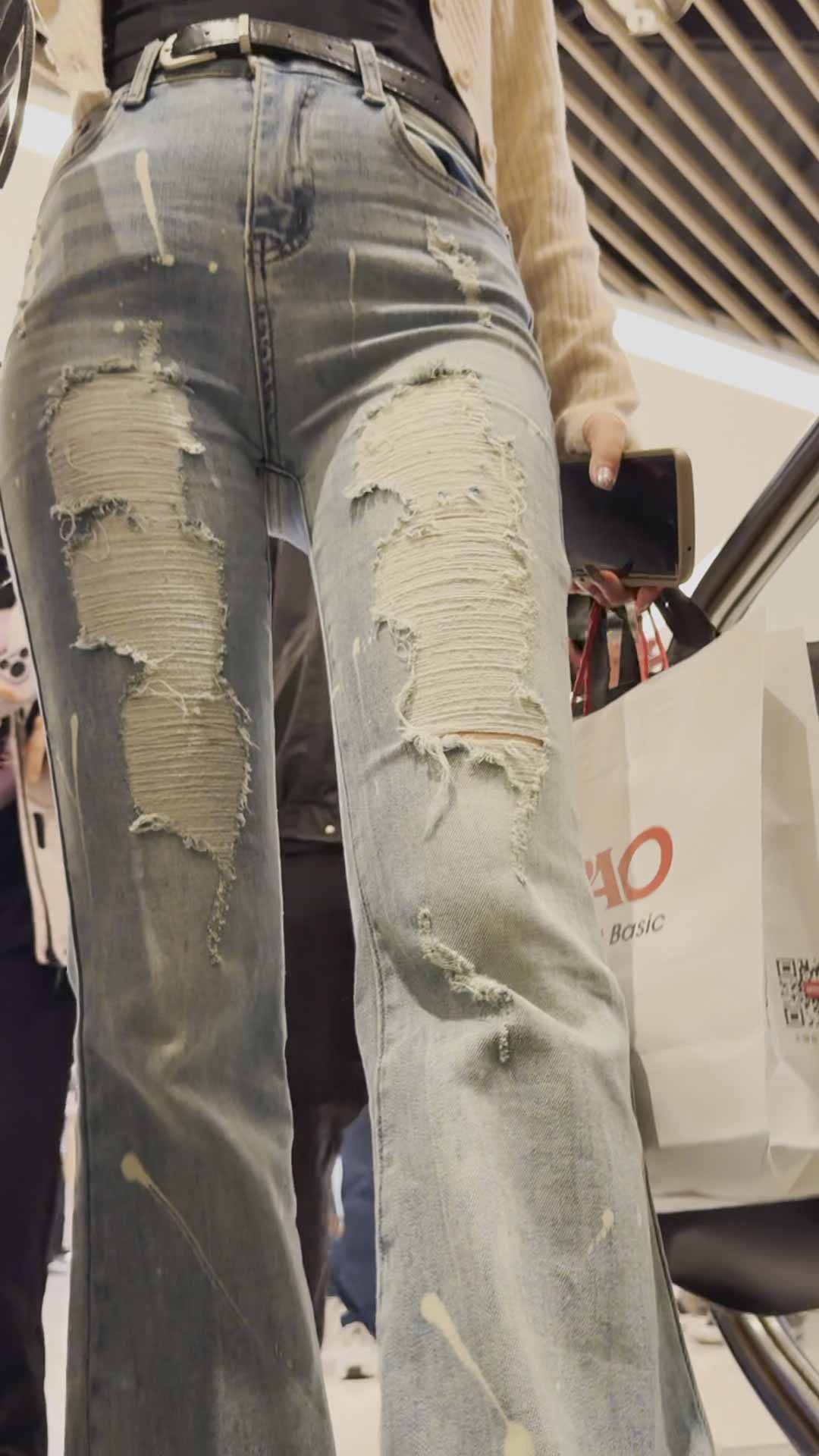 牛仔透内痕后X型美女小姐姐